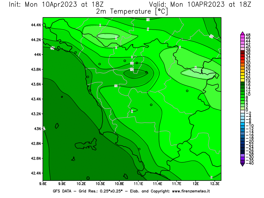 GFS analysi map - Temperature at 2 m above ground [°C] in Tuscany
									on 10/04/2023 18 <!--googleoff: index-->UTC<!--googleon: index-->
