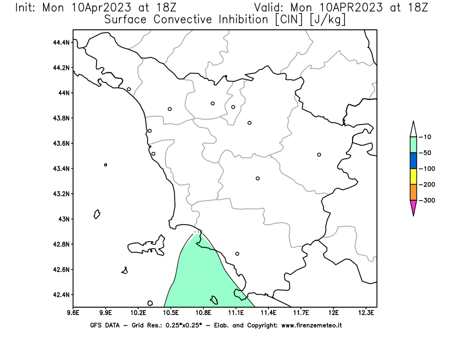 GFS analysi map - CIN [J/kg] in Tuscany
									on 10/04/2023 18 <!--googleoff: index-->UTC<!--googleon: index-->