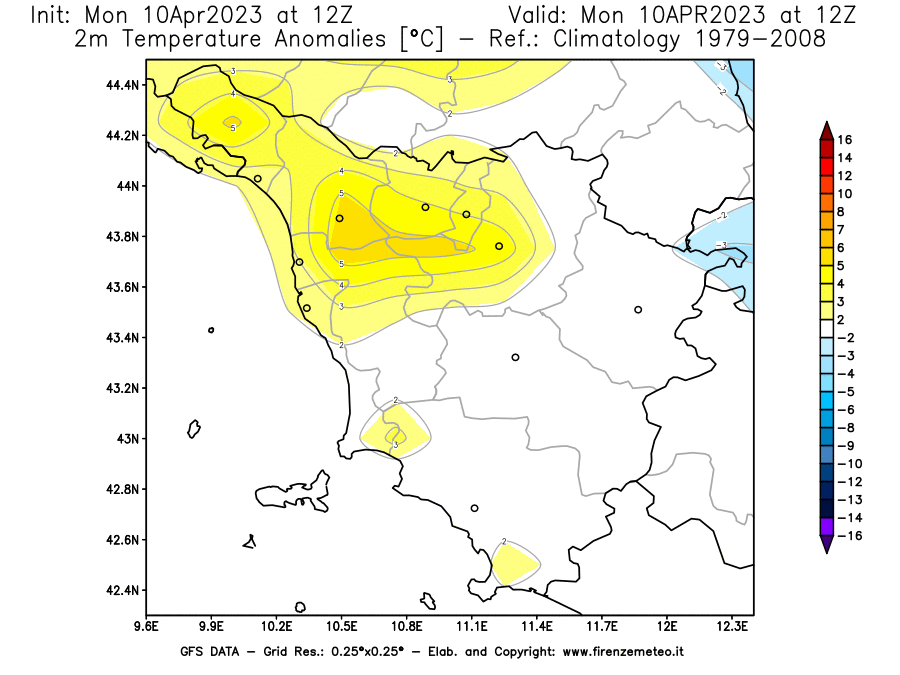 Mappa di analisi GFS - Anomalia Temperatura [°C] a 2 m in Toscana
							del 10/04/2023 12 <!--googleoff: index-->UTC<!--googleon: index-->