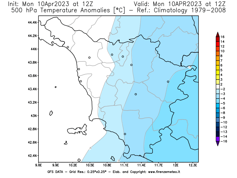 GFS analysi map - Temperature Anomalies [°C] at 500 hPa in Tuscany
									on 10/04/2023 12 <!--googleoff: index-->UTC<!--googleon: index-->