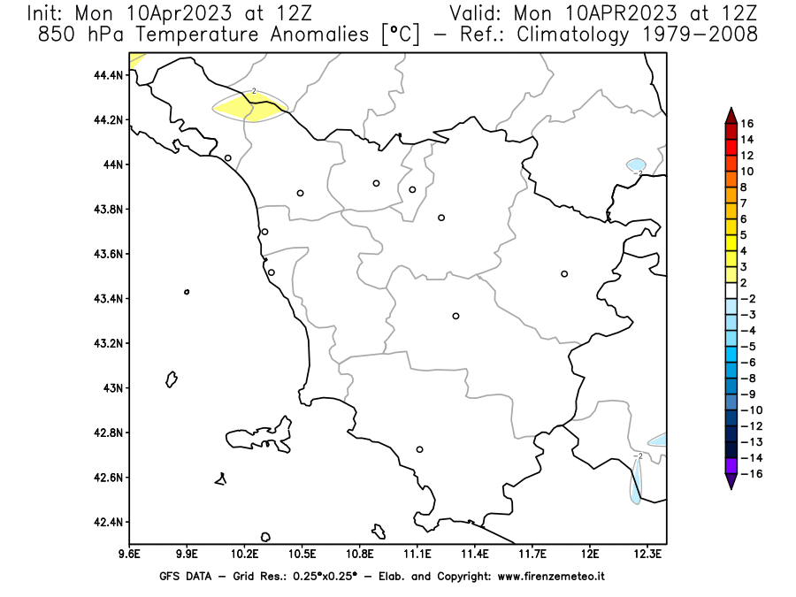 GFS analysi map - Temperature Anomalies [°C] at 850 hPa in Tuscany
									on 10/04/2023 12 <!--googleoff: index-->UTC<!--googleon: index-->