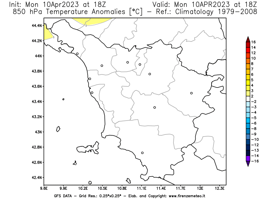 GFS analysi map - Temperature Anomalies [°C] at 850 hPa in Tuscany
									on 10/04/2023 18 <!--googleoff: index-->UTC<!--googleon: index-->