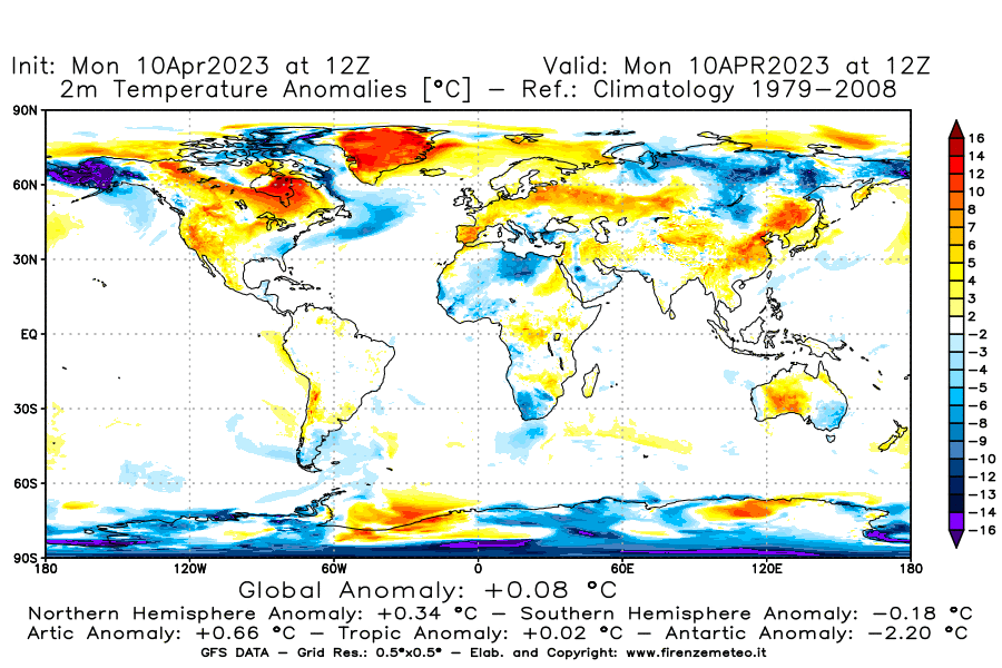 Mappa di analisi GFS - Anomalia Temperatura [°C] a 2 m in World
							del 10/04/2023 12 <!--googleoff: index-->UTC<!--googleon: index-->