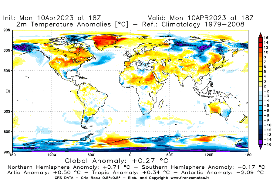 Mappa di analisi GFS - Anomalia Temperatura [°C] a 2 m in World
							del 10/04/2023 18 <!--googleoff: index-->UTC<!--googleon: index-->