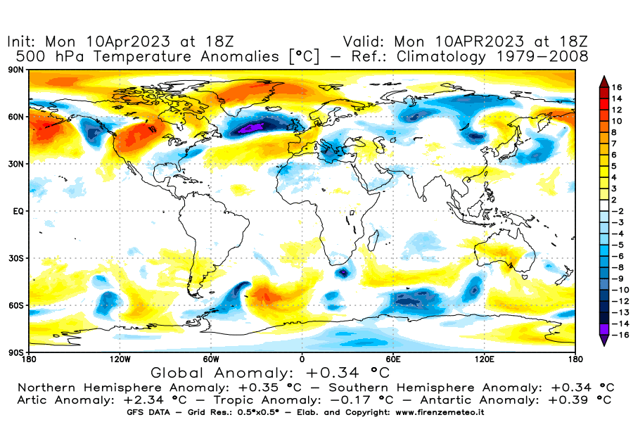 Mappa di analisi GFS - Anomalia Temperatura [°C] a 500 hPa in World
							del 10/04/2023 18 <!--googleoff: index-->UTC<!--googleon: index-->