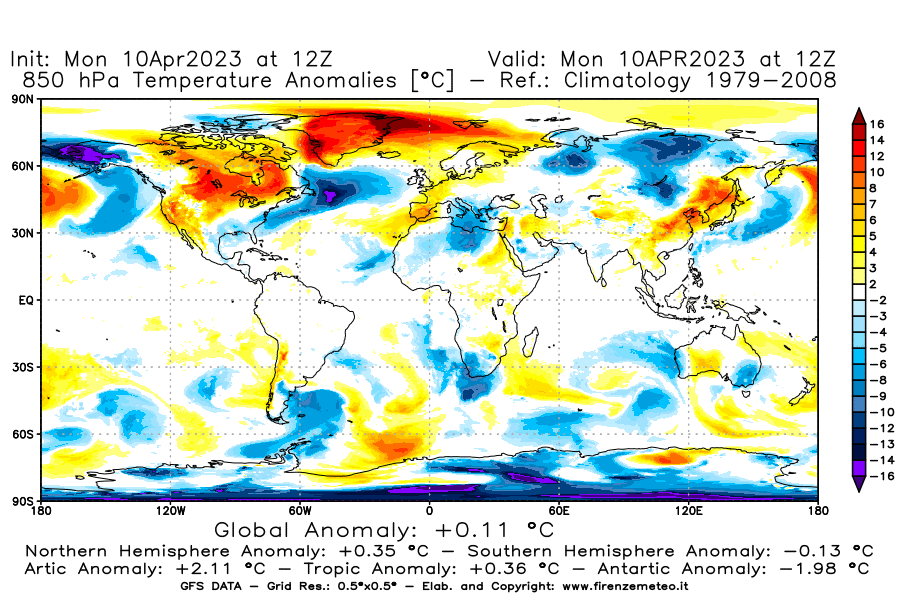 Mappa di analisi GFS - Anomalia Temperatura [°C] a 850 hPa in World
							del 10/04/2023 12 <!--googleoff: index-->UTC<!--googleon: index-->