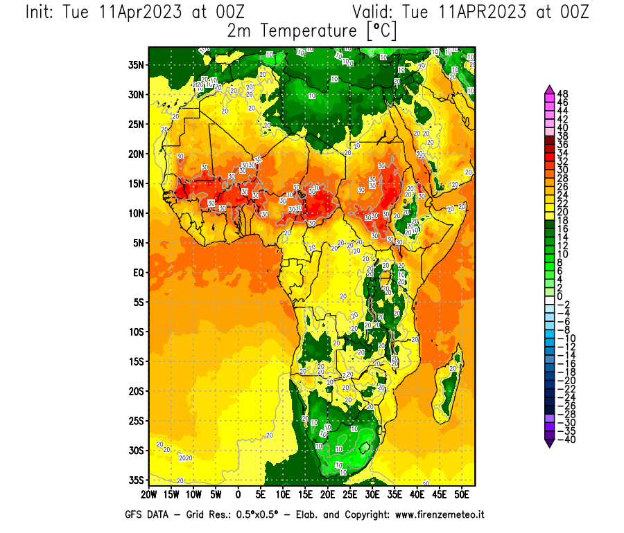 Mappa di analisi GFS - Temperatura a 2 metri dal suolo [°C] in Africa
							del 11/04/2023 00 <!--googleoff: index-->UTC<!--googleon: index-->
