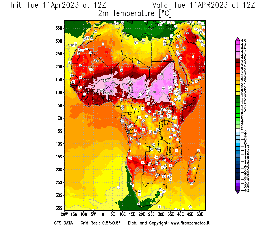 Mappa di analisi GFS - Temperatura a 2 metri dal suolo [°C] in Africa
							del 11/04/2023 12 <!--googleoff: index-->UTC<!--googleon: index-->