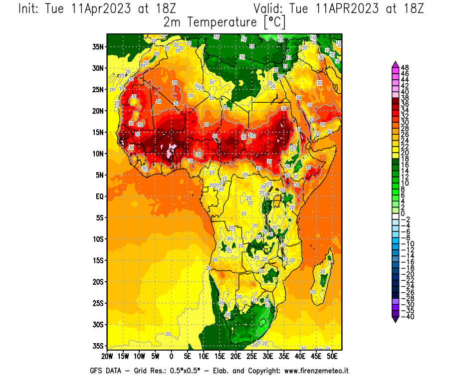 Mappa di analisi GFS - Temperatura a 2 metri dal suolo [°C] in Africa
							del 11/04/2023 18 <!--googleoff: index-->UTC<!--googleon: index-->