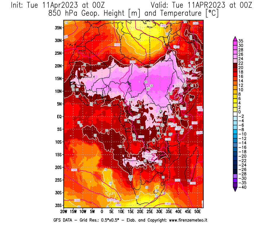 Mappa di analisi GFS - Geopotenziale [m] e Temperatura [°C] a 850 hPa in Africa
							del 11/04/2023 00 <!--googleoff: index-->UTC<!--googleon: index-->