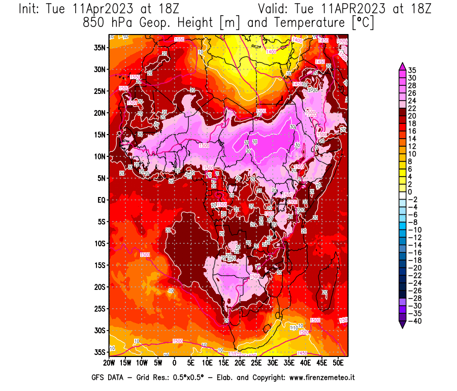 Mappa di analisi GFS - Geopotenziale [m] e Temperatura [°C] a 850 hPa in Africa
							del 11/04/2023 18 <!--googleoff: index-->UTC<!--googleon: index-->