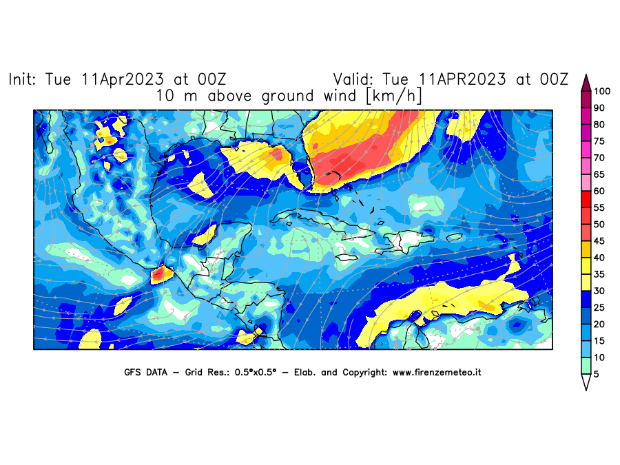Mappa di analisi GFS - Velocità del vento a 10 metri dal suolo [km/h] in Centro-America
							del 11/04/2023 00 <!--googleoff: index-->UTC<!--googleon: index-->