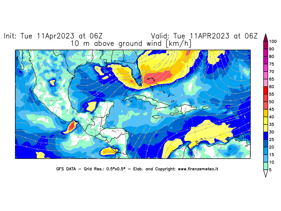 Mappa di analisi GFS - Velocità del vento a 10 metri dal suolo [km/h] in Centro-America
							del 11/04/2023 06 <!--googleoff: index-->UTC<!--googleon: index-->