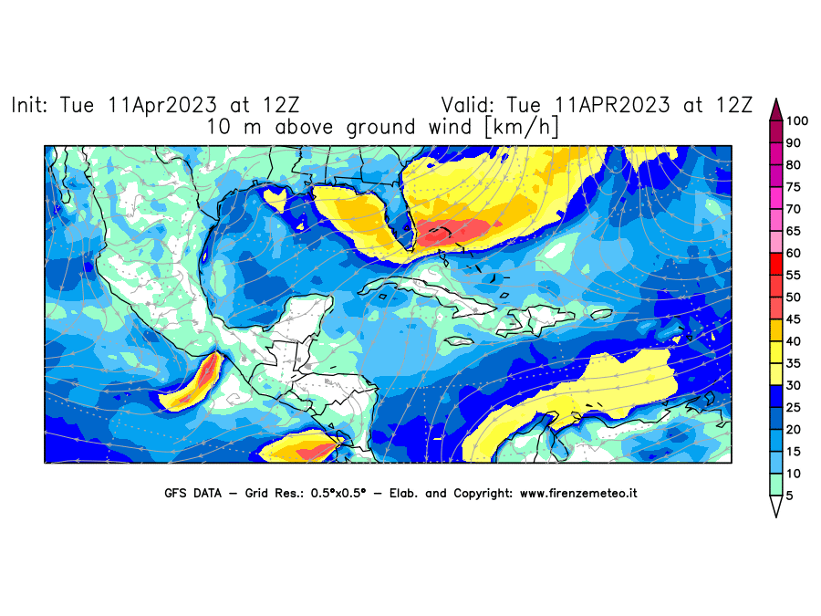 Mappa di analisi GFS - Velocità del vento a 10 metri dal suolo [km/h] in Centro-America
							del 11/04/2023 12 <!--googleoff: index-->UTC<!--googleon: index-->