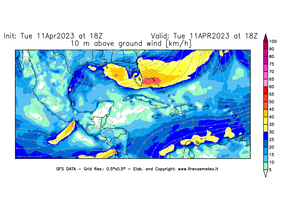 Mappa di analisi GFS - Velocità del vento a 10 metri dal suolo [km/h] in Centro-America
							del 11/04/2023 18 <!--googleoff: index-->UTC<!--googleon: index-->