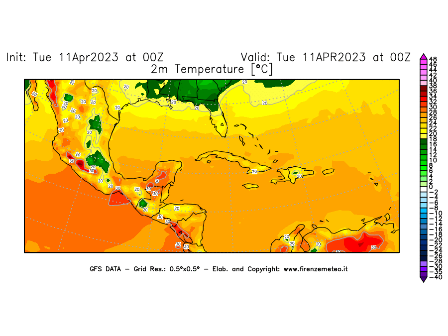 Mappa di analisi GFS - Temperatura a 2 metri dal suolo [°C] in Centro-America
							del 11/04/2023 00 <!--googleoff: index-->UTC<!--googleon: index-->