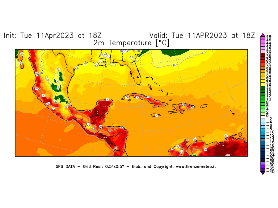 Mappa di analisi GFS - Temperatura a 2 metri dal suolo [°C] in Centro-America
							del 11/04/2023 18 <!--googleoff: index-->UTC<!--googleon: index-->