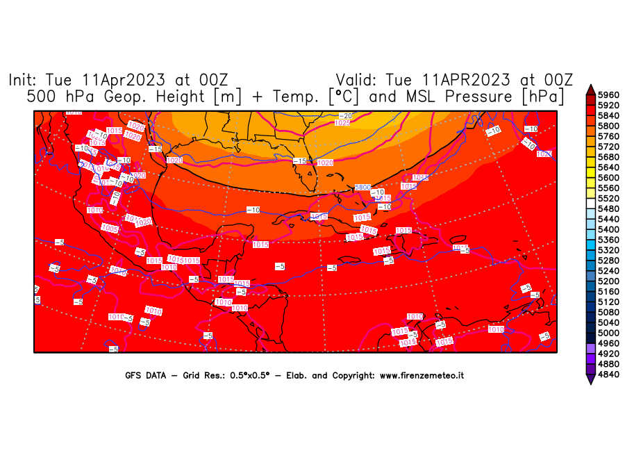 Mappa di analisi GFS - Geopotenziale [m] + Temp. [°C] a 500 hPa + Press. a livello del mare [hPa] in Centro-America
							del 11/04/2023 00 <!--googleoff: index-->UTC<!--googleon: index-->