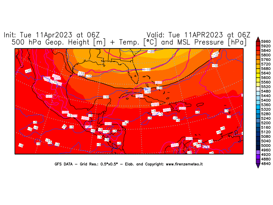 Mappa di analisi GFS - Geopotenziale [m] + Temp. [°C] a 500 hPa + Press. a livello del mare [hPa] in Centro-America
							del 11/04/2023 06 <!--googleoff: index-->UTC<!--googleon: index-->