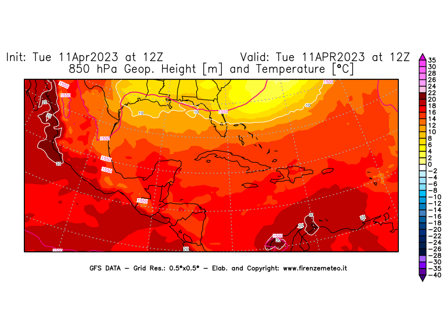 Mappa di analisi GFS - Geopotenziale [m] e Temperatura [°C] a 850 hPa in Centro-America
							del 11/04/2023 12 <!--googleoff: index-->UTC<!--googleon: index-->
