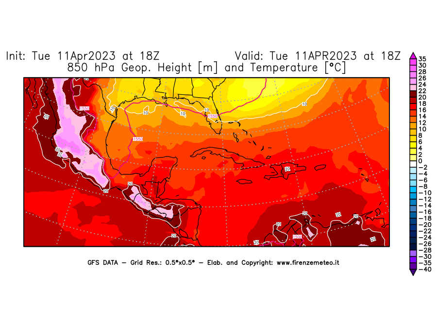 Mappa di analisi GFS - Geopotenziale [m] e Temperatura [°C] a 850 hPa in Centro-America
							del 11/04/2023 18 <!--googleoff: index-->UTC<!--googleon: index-->