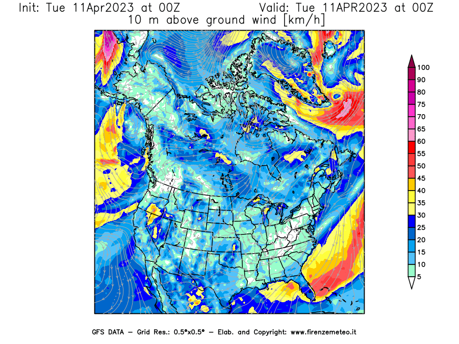 Mappa di analisi GFS - Velocità del vento a 10 metri dal suolo [km/h] in Nord-America
							del 11/04/2023 00 <!--googleoff: index-->UTC<!--googleon: index-->