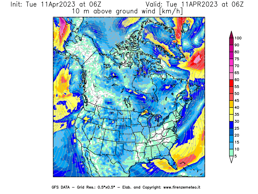 Mappa di analisi GFS - Velocità del vento a 10 metri dal suolo [km/h] in Nord-America
							del 11/04/2023 06 <!--googleoff: index-->UTC<!--googleon: index-->