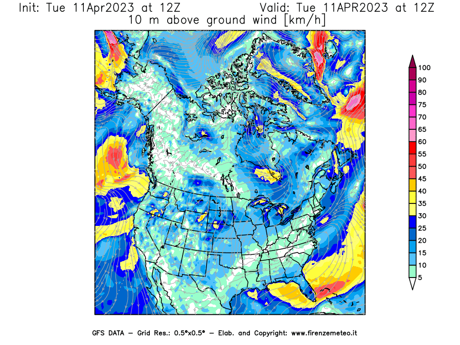 Mappa di analisi GFS - Velocità del vento a 10 metri dal suolo [km/h] in Nord-America
							del 11/04/2023 12 <!--googleoff: index-->UTC<!--googleon: index-->