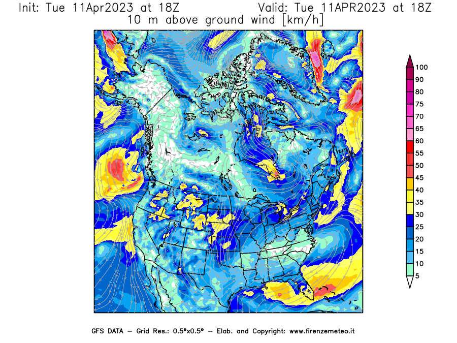 Mappa di analisi GFS - Velocità del vento a 10 metri dal suolo [km/h] in Nord-America
							del 11/04/2023 18 <!--googleoff: index-->UTC<!--googleon: index-->