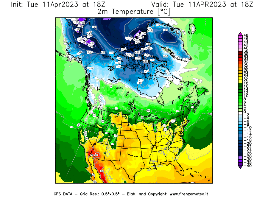 Mappa di analisi GFS - Temperatura a 2 metri dal suolo [°C] in Nord-America
							del 11/04/2023 18 <!--googleoff: index-->UTC<!--googleon: index-->