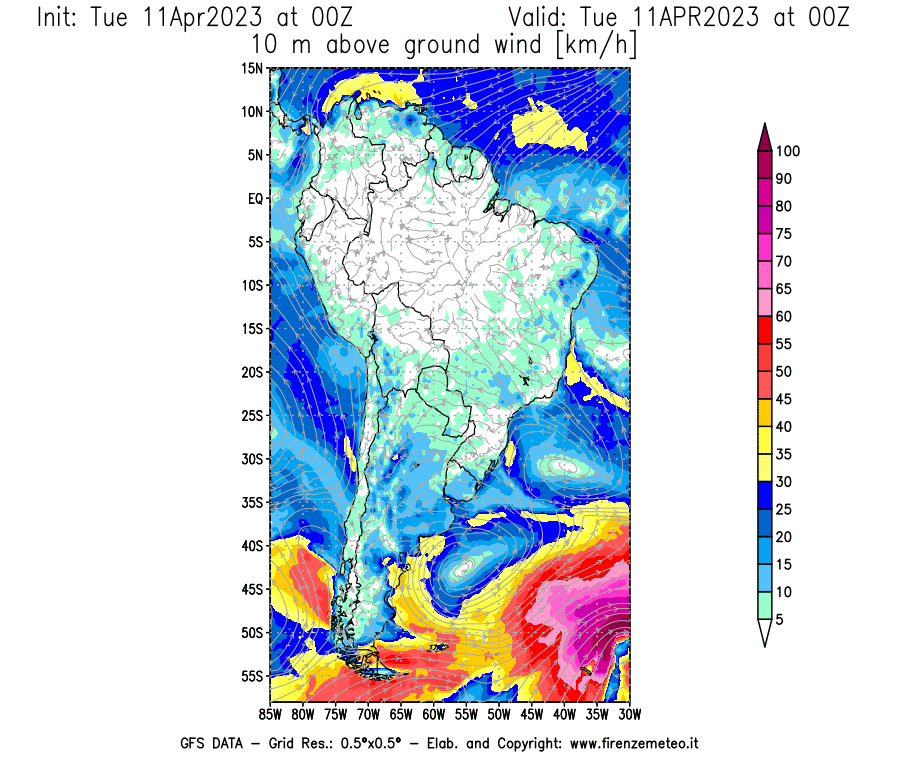 Mappa di analisi GFS - Velocità del vento a 10 metri dal suolo [km/h] in Sud-America
							del 11/04/2023 00 <!--googleoff: index-->UTC<!--googleon: index-->