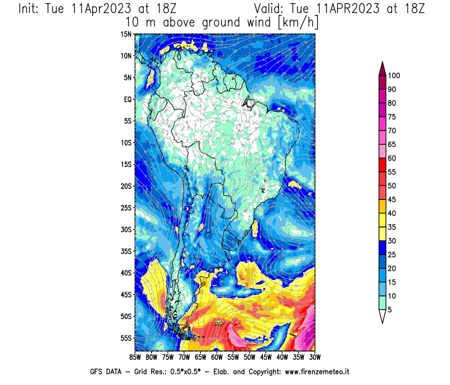 Mappa di analisi GFS - Velocità del vento a 10 metri dal suolo [km/h] in Sud-America
							del 11/04/2023 18 <!--googleoff: index-->UTC<!--googleon: index-->