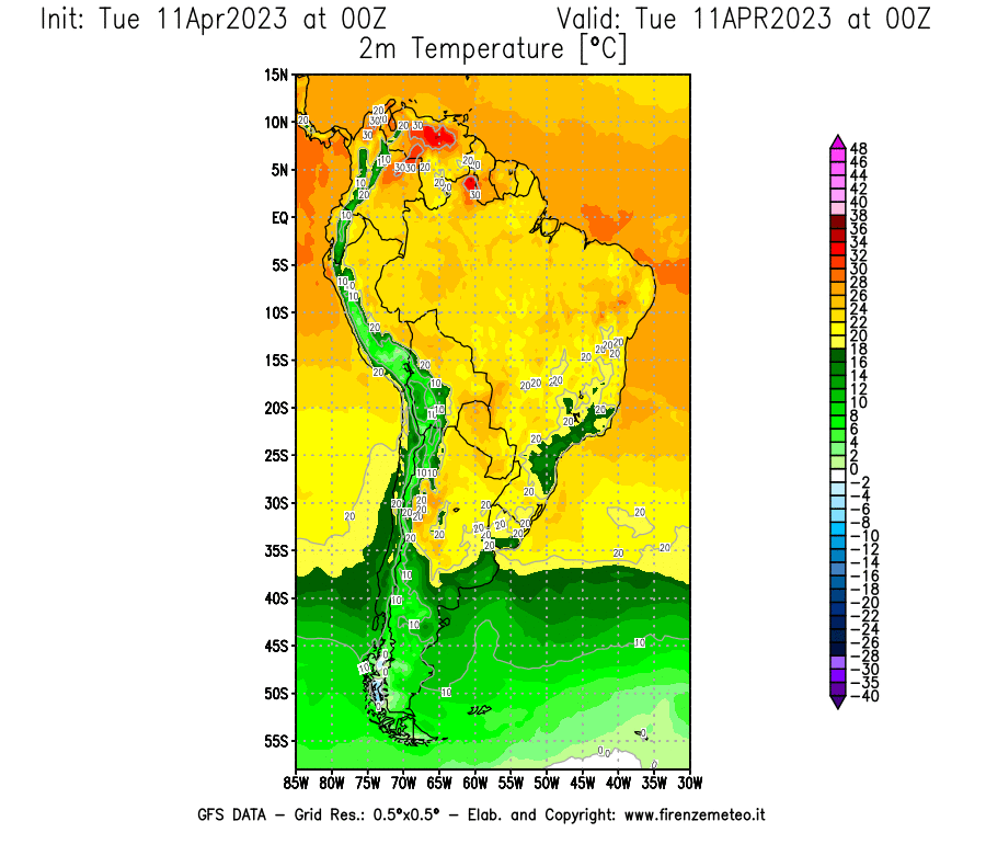 Mappa di analisi GFS - Temperatura a 2 metri dal suolo [°C] in Sud-America
							del 11/04/2023 00 <!--googleoff: index-->UTC<!--googleon: index-->