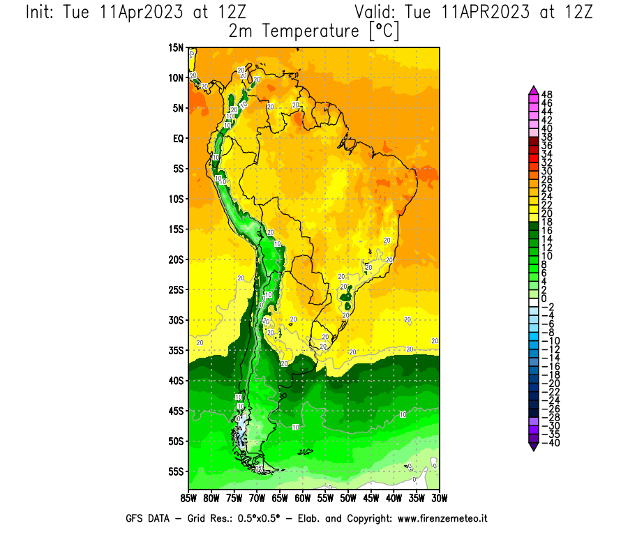 Mappa di analisi GFS - Temperatura a 2 metri dal suolo [°C] in Sud-America
							del 11/04/2023 12 <!--googleoff: index-->UTC<!--googleon: index-->