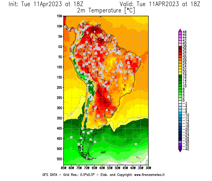 Mappa di analisi GFS - Temperatura a 2 metri dal suolo [°C] in Sud-America
							del 11/04/2023 18 <!--googleoff: index-->UTC<!--googleon: index-->