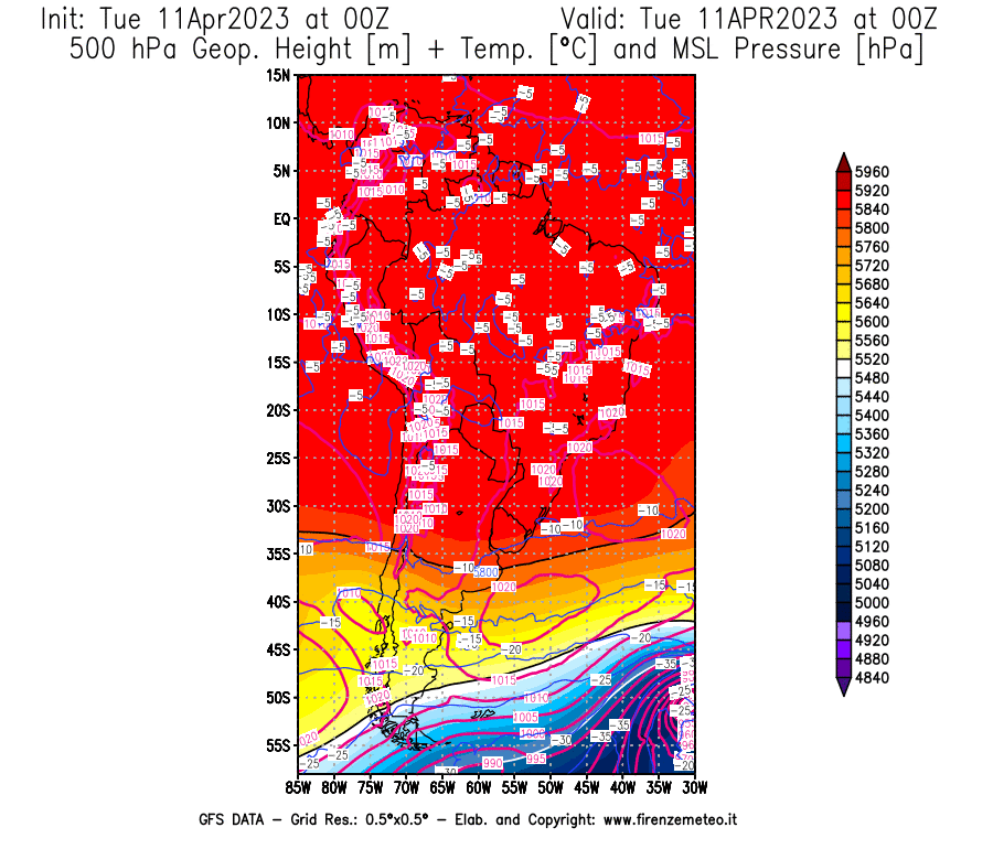 Mappa di analisi GFS - Geopotenziale [m] + Temp. [°C] a 500 hPa + Press. a livello del mare [hPa] in Sud-America
							del 11/04/2023 00 <!--googleoff: index-->UTC<!--googleon: index-->