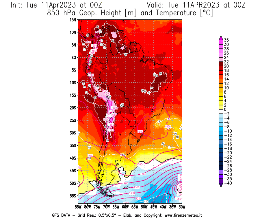 Mappa di analisi GFS - Geopotenziale [m] e Temperatura [°C] a 850 hPa in Sud-America
							del 11/04/2023 00 <!--googleoff: index-->UTC<!--googleon: index-->