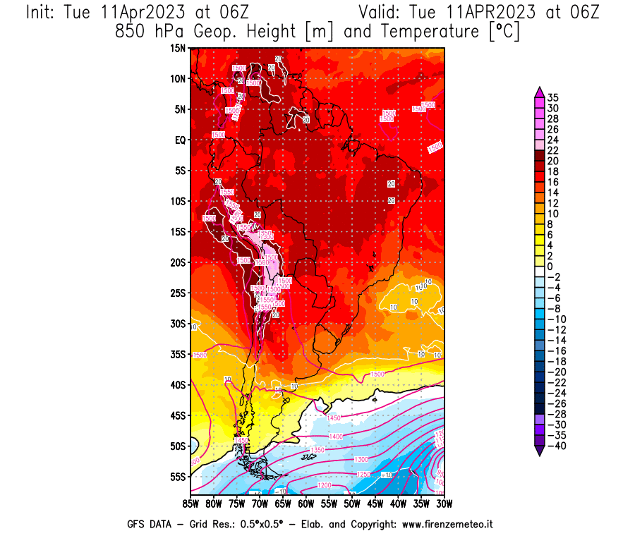 Mappa di analisi GFS - Geopotenziale [m] e Temperatura [°C] a 850 hPa in Sud-America
							del 11/04/2023 06 <!--googleoff: index-->UTC<!--googleon: index-->