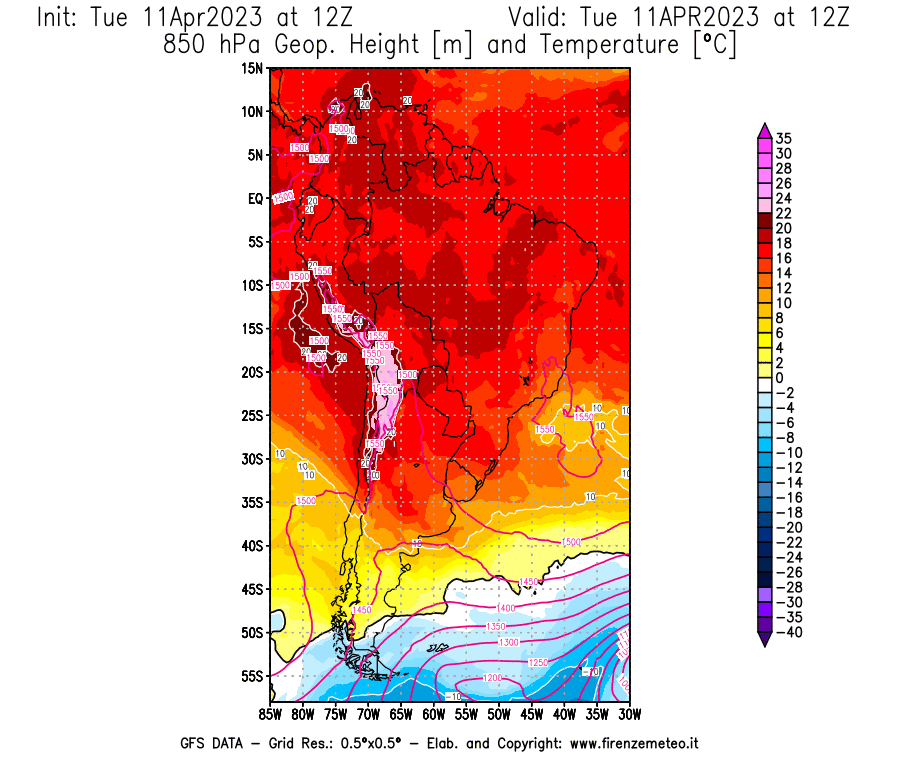 Mappa di analisi GFS - Geopotenziale [m] e Temperatura [°C] a 850 hPa in Sud-America
							del 11/04/2023 12 <!--googleoff: index-->UTC<!--googleon: index-->