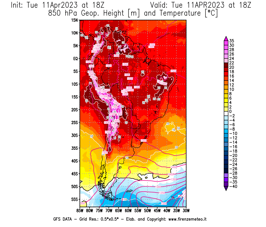 Mappa di analisi GFS - Geopotenziale [m] e Temperatura [°C] a 850 hPa in Sud-America
							del 11/04/2023 18 <!--googleoff: index-->UTC<!--googleon: index-->