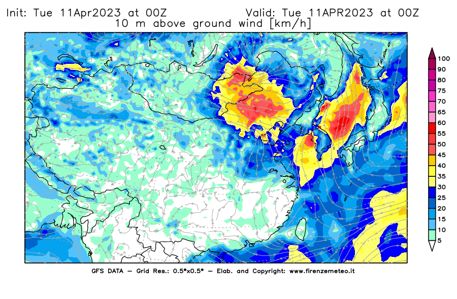 Mappa di analisi GFS - Velocità del vento a 10 metri dal suolo [km/h] in Asia Orientale
							del 11/04/2023 00 <!--googleoff: index-->UTC<!--googleon: index-->