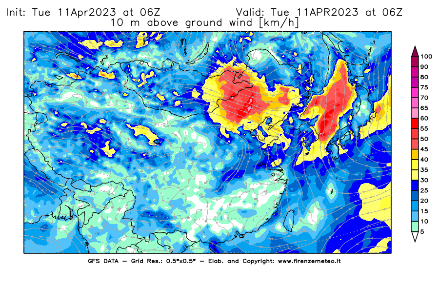 Mappa di analisi GFS - Velocità del vento a 10 metri dal suolo [km/h] in Asia Orientale
							del 11/04/2023 06 <!--googleoff: index-->UTC<!--googleon: index-->