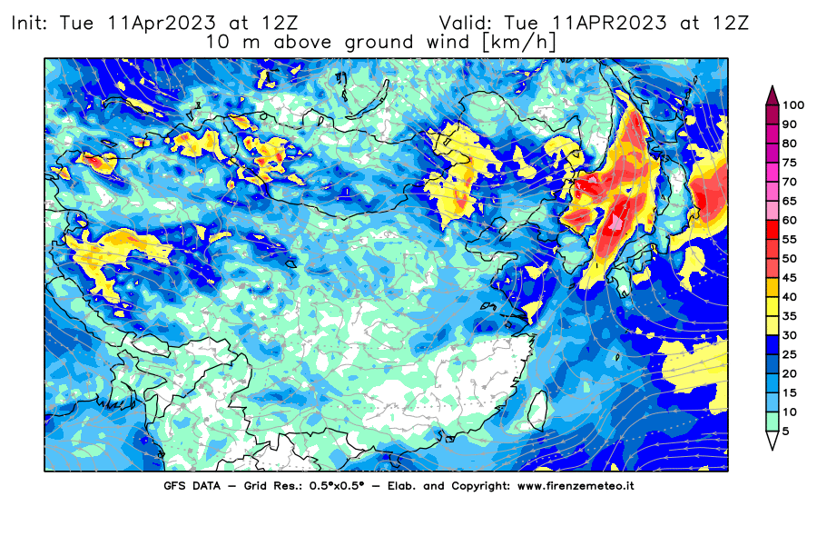 Mappa di analisi GFS - Velocità del vento a 10 metri dal suolo [km/h] in Asia Orientale
							del 11/04/2023 12 <!--googleoff: index-->UTC<!--googleon: index-->