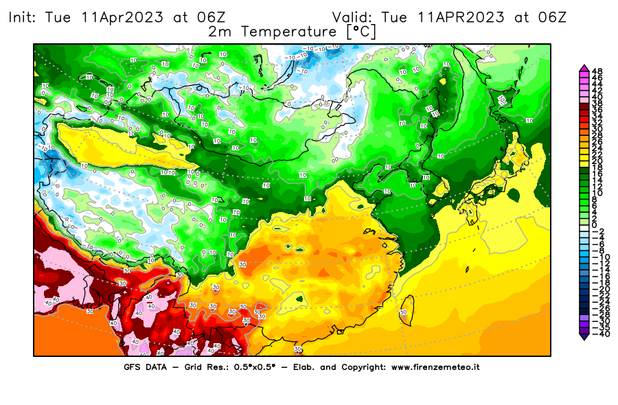 Mappa di analisi GFS - Temperatura a 2 metri dal suolo [°C] in Asia Orientale
							del 11/04/2023 06 <!--googleoff: index-->UTC<!--googleon: index-->