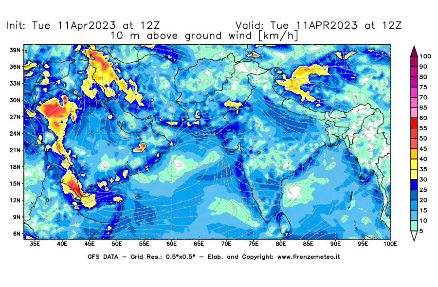 Mappa di analisi GFS - Velocità del vento a 10 metri dal suolo [km/h] in Asia Sud-Occidentale
							del 11/04/2023 12 <!--googleoff: index-->UTC<!--googleon: index-->