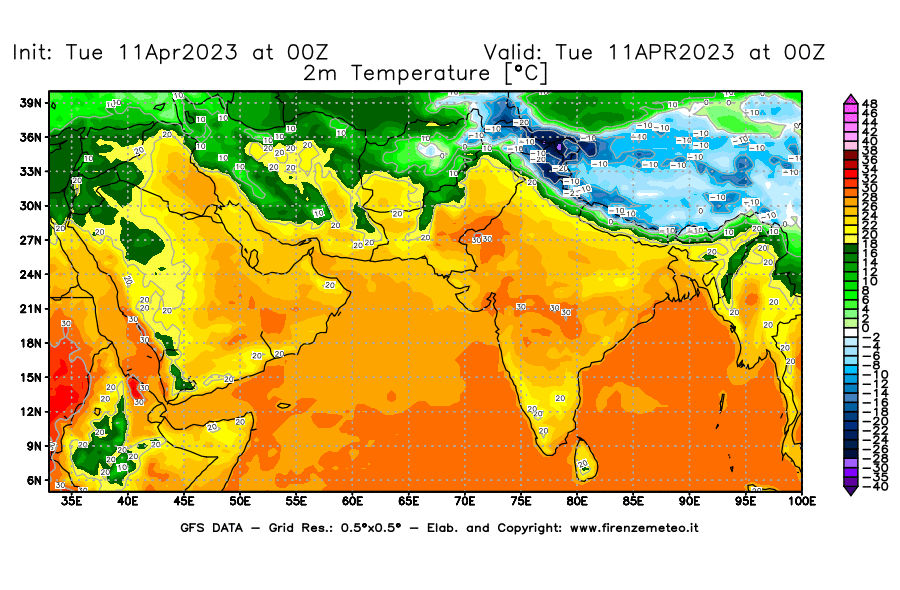 Mappa di analisi GFS - Temperatura a 2 metri dal suolo [°C] in Asia Sud-Occidentale
							del 11/04/2023 00 <!--googleoff: index-->UTC<!--googleon: index-->