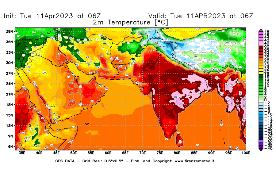Mappa di analisi GFS - Temperatura a 2 metri dal suolo [°C] in Asia Sud-Occidentale
							del 11/04/2023 06 <!--googleoff: index-->UTC<!--googleon: index-->