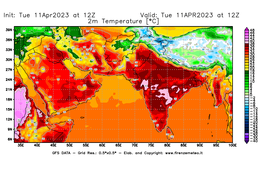 Mappa di analisi GFS - Temperatura a 2 metri dal suolo [°C] in Asia Sud-Occidentale
							del 11/04/2023 12 <!--googleoff: index-->UTC<!--googleon: index-->