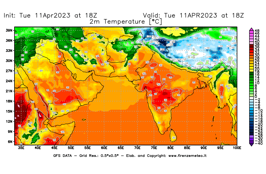 Mappa di analisi GFS - Temperatura a 2 metri dal suolo [°C] in Asia Sud-Occidentale
							del 11/04/2023 18 <!--googleoff: index-->UTC<!--googleon: index-->