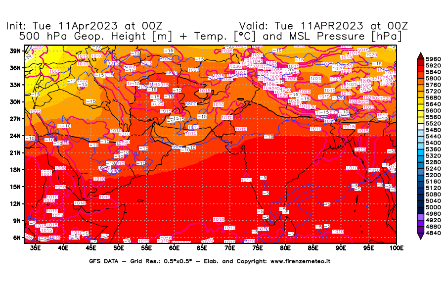 Mappa di analisi GFS - Geopotenziale [m] + Temp. [°C] a 500 hPa + Press. a livello del mare [hPa] in Asia Sud-Occidentale
							del 11/04/2023 00 <!--googleoff: index-->UTC<!--googleon: index-->